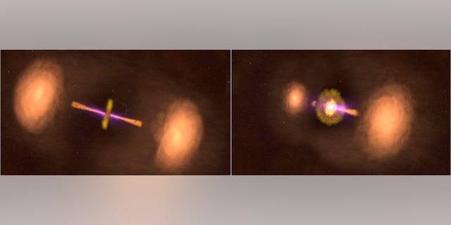 该图显示了活跃星系TXS 0128 + 554的两个视图,它们位于约5亿光年远处。 左:如果我们以相同的角度观看它们,银河系的中央喷流就会出现。 右:银河系以其实际方向出现,其射流从我们的视线倾斜约50度。 (图片来源:NASA的戈达德太空飞行中心)