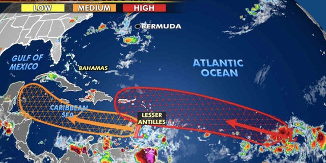 Forecasters are monitoring two areas for development across the Atlantic basin.