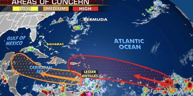 Forecasters are monitoring two areas for development across the Atlantic basin.