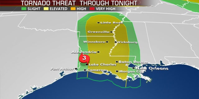 The tornado threat through late Thursday from Hurricane Laura.