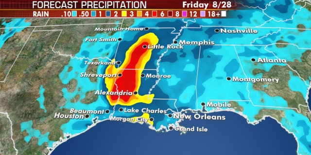 Forecast precipitation amounts from Hurricane Laura.