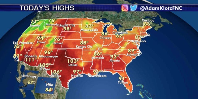 Forecast high temperatures on Aug. 12, 2020.