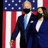 Democratic presidential candidate Joe Biden and his running mate Sen. Kamala Harris arrive to speak at a news conference in Wilmington, Delaware, Aug. 12, 2020. 