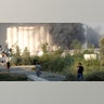Lebanese security officers run to the explosion scene that hit the seaport, in Beirut, Lebanon, Tuesday, Aug. 4, 2020.?