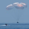 The SpaceX Crew Dragon Endeavour spacecraft splashes down with astronauts Robert Behnken and Douglas Hurley on board in the Gulf of Mexico off the coast of Pensacola, Fla., Aug. 2, 2020.