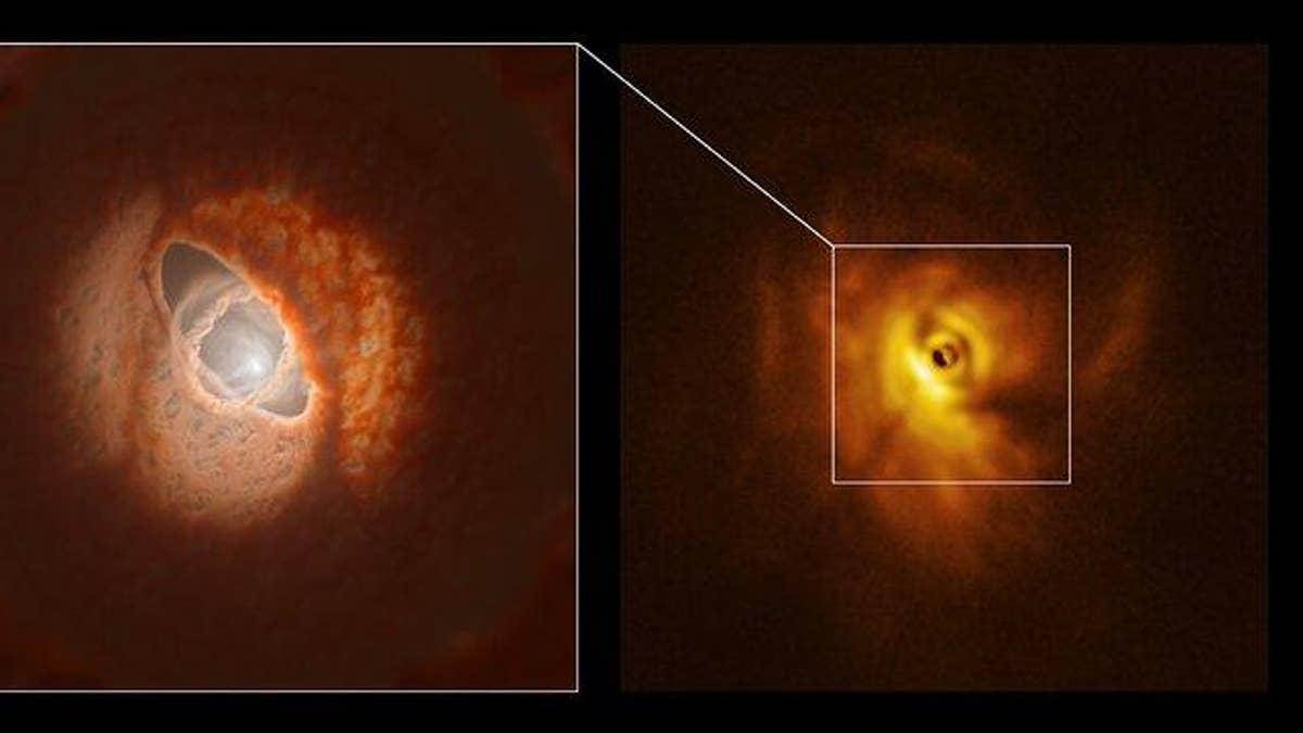 An image observed by the SPHERE instrument on the European Southern Observatory's Very Large Telescope (VLT) and the Atacama Large Millimeter/submillimeter Array (ALMA)(right) with an ESO artist impression (left)