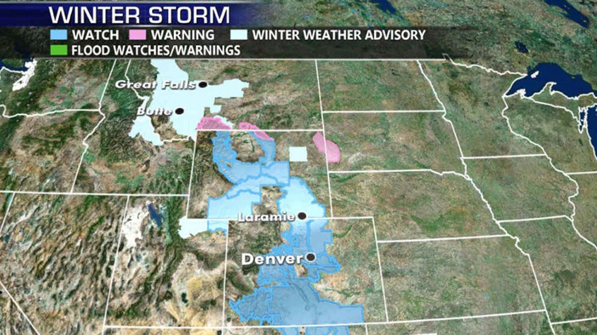 Winter storm watches and warnings extend across Montana, Wyoming, and Colorado as a winter system will bring in the cold blast.