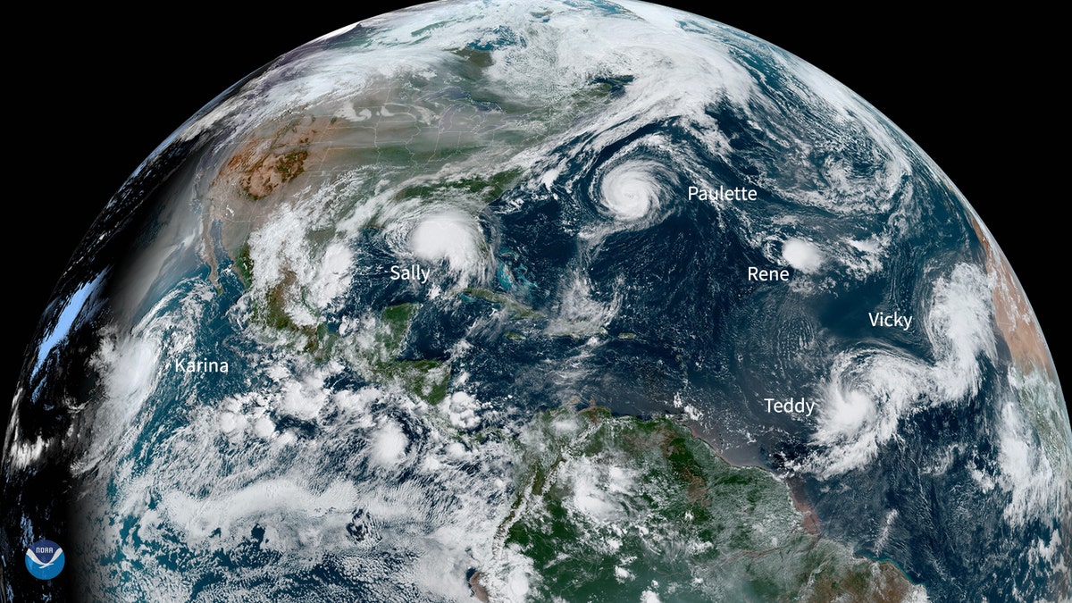 Sept. 14, 2020 -- This NOAA Environmental Visualization Laboratory image shows five named storms churning in the Atlantic Basin at once for the first time since 1971.
