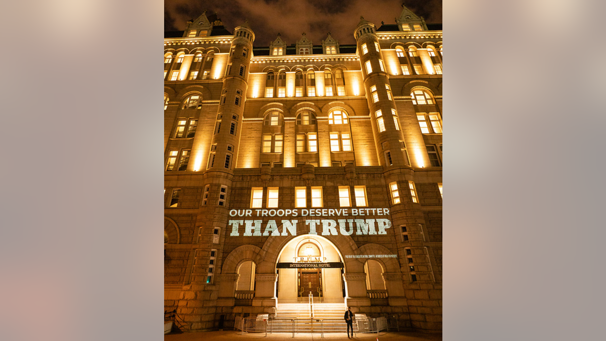 Images projected on Trump Hotel in Washington D.C. on Friday, Sept. 4, 2020, by the Democratic National Committee. Photo from DNC.