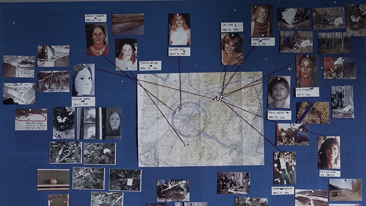 The murder map featuring photos of a selection of Hansen’s victims with string pointing to where they were found.