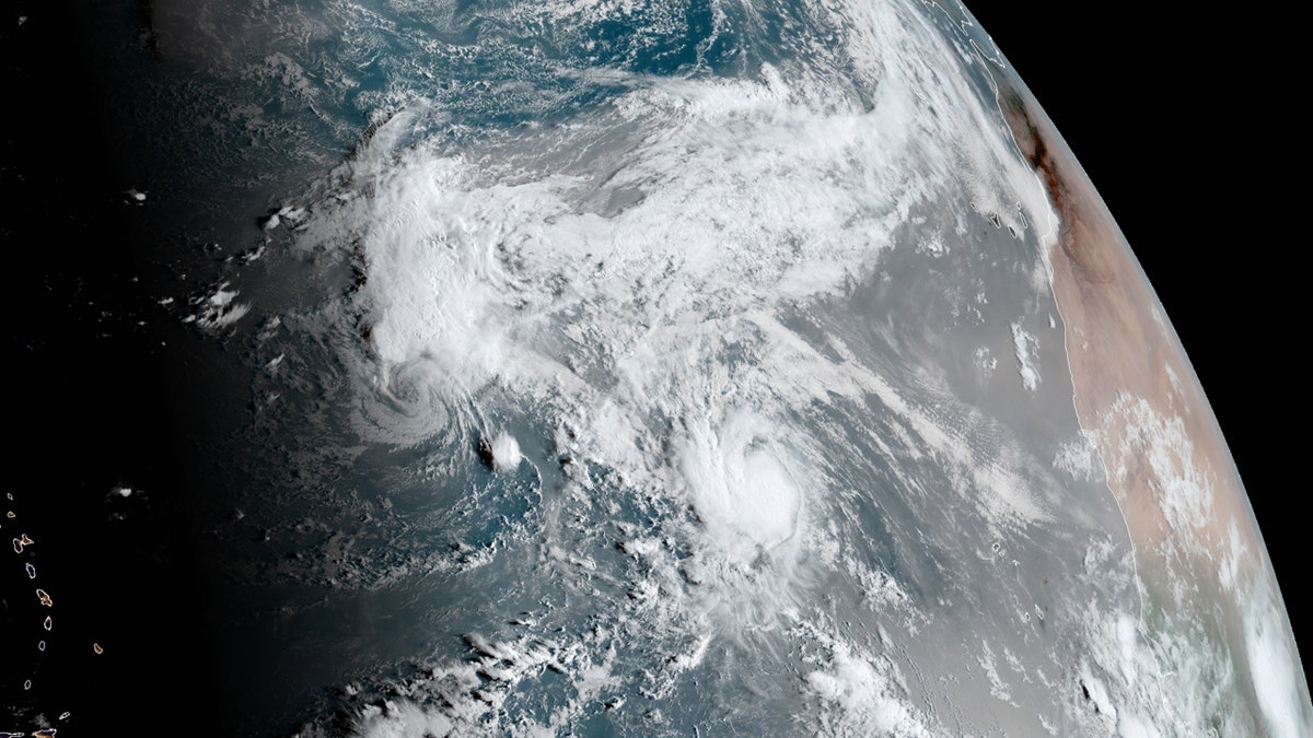 Tropical Storms Paulette (left) and Rene (right) can be seen over the Atlantic Ocean on Sept. 10, 2020.