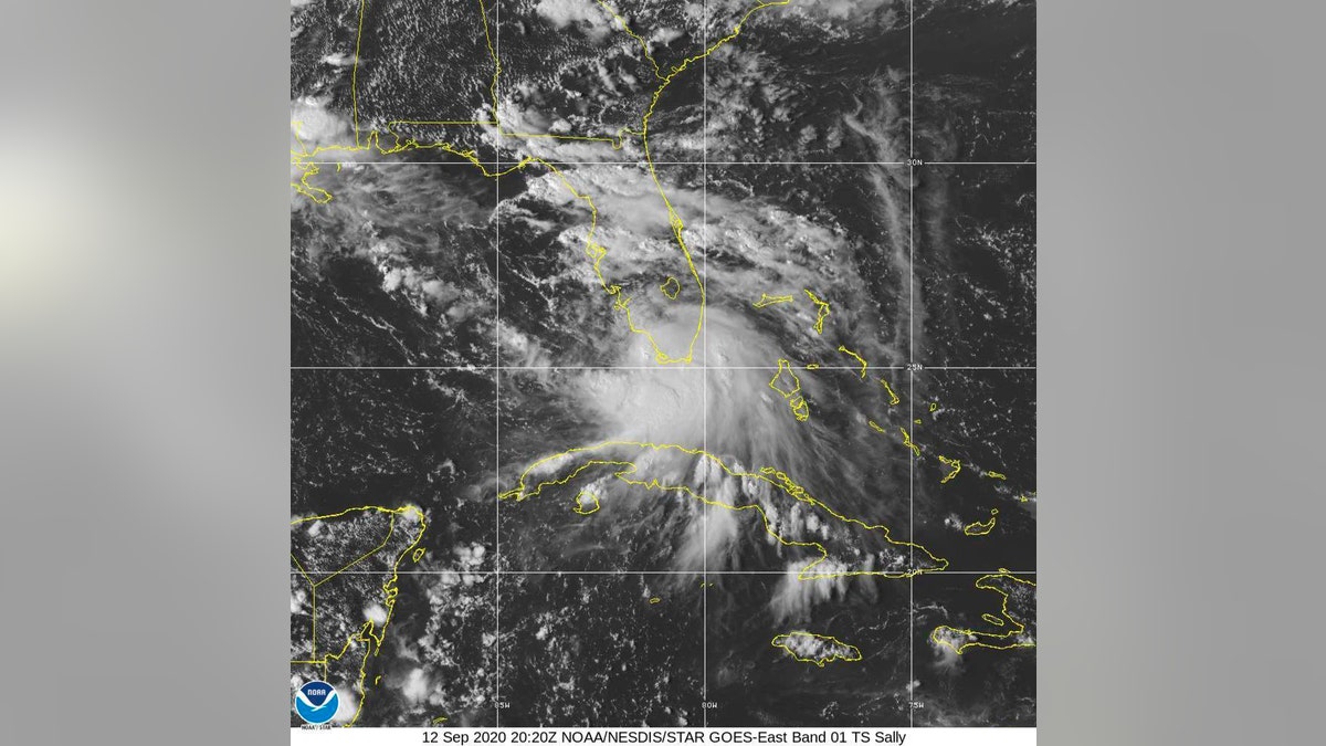 This Saturday, Sept. 12, 2020 image provided by NOAA shows the formation of Tropical Storm Sally. Tropical Storm Sally has formed off south Florida, becoming the earliest 18th-named tropical storm on record in a busy Atlantic hurricane season.