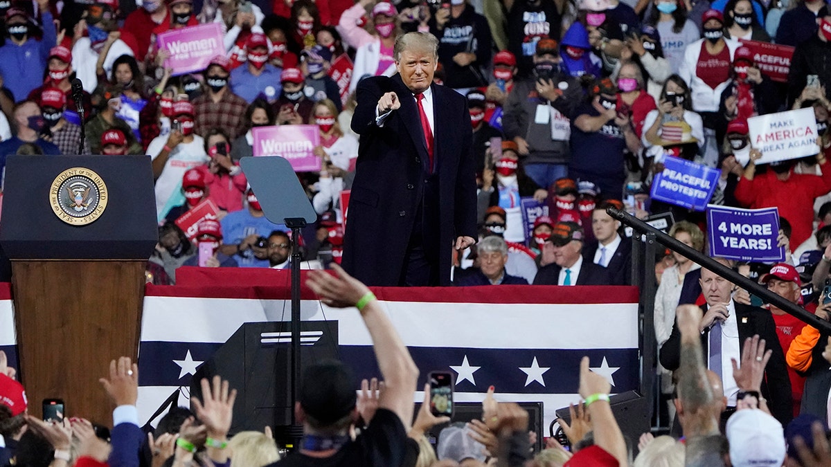 President Donald Trump wraps up his speech at a campaign rally at Fayetteville Regional Airport, Saturday, Sept. 19, 2020, in Fayetteville, N.C. (AP Photo/Chris Carlson)