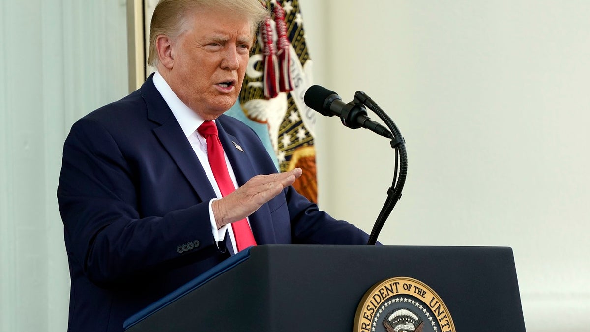 President Donald Trump speaks during a news conference on the North Portico of the White House, Monday, Sept. 7, 2020, in Washington. (AP Photo/Patrick Semansky)