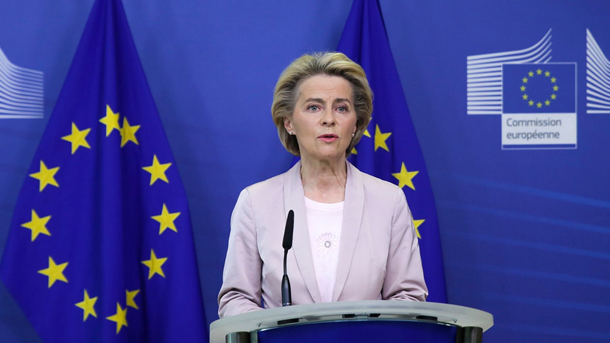 European Commission President Ursula von der Leyen speaks during a press statement at EU headquarters in Brussels, Tuesday, Sept. 8, 2020. The European Union's executive commission has proposed European Commission vice-president Valdis Dombrovskis to take over the post of EU trade commissioner following the resignation of Ireland's Phil Hogan. (Aris Oikonomou, Pool Photo via AP)