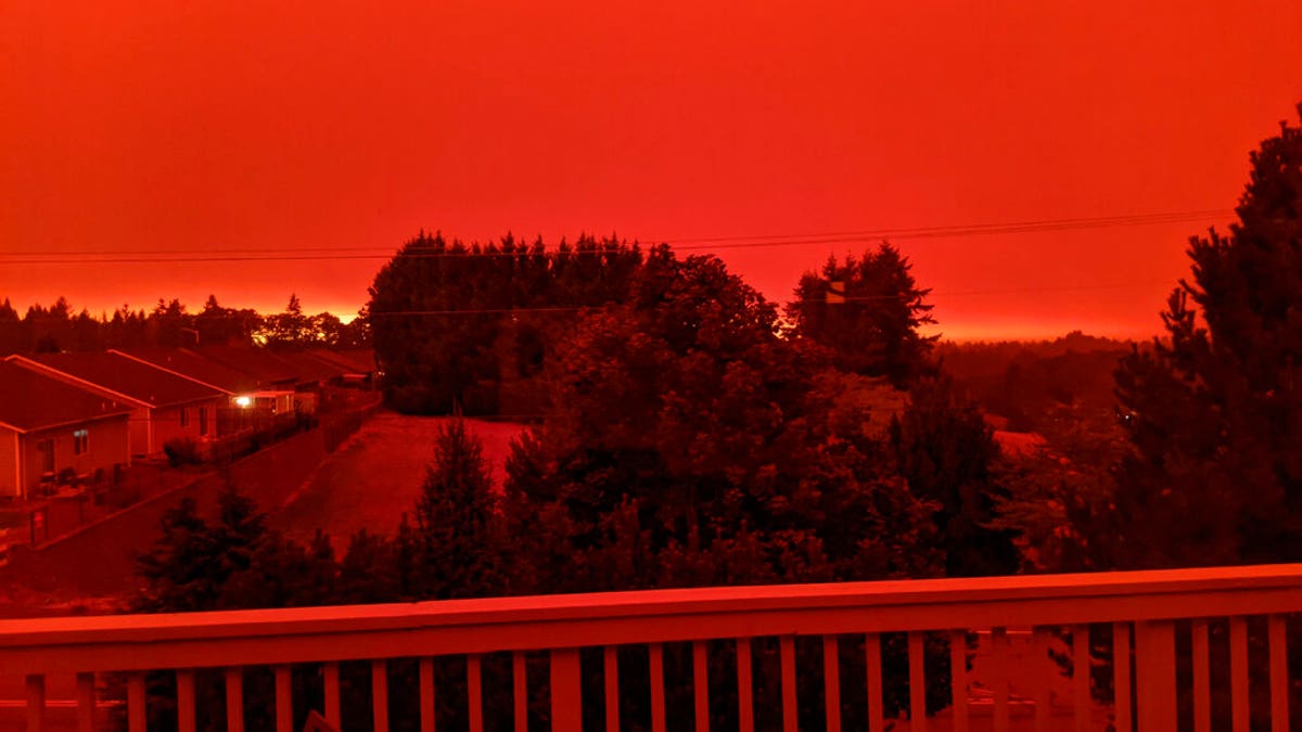 This photo taken from the home of Russ Casler in Salem, Ore., shows the smoke-darkened sky well before sunset at around 5 p.m., Tuesday, Sept. 8, 2020. (Associated Press)
