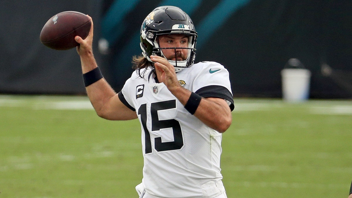 Jacksonville Jaguars quarterback Gardner Minshew (15) throws a pass against the Indianapolis Colts during the first half of an NFL football game, Sunday, Sept. 13, 2020, in Jacksonville, Fla. (AP Photo/Stephen B. Morton)