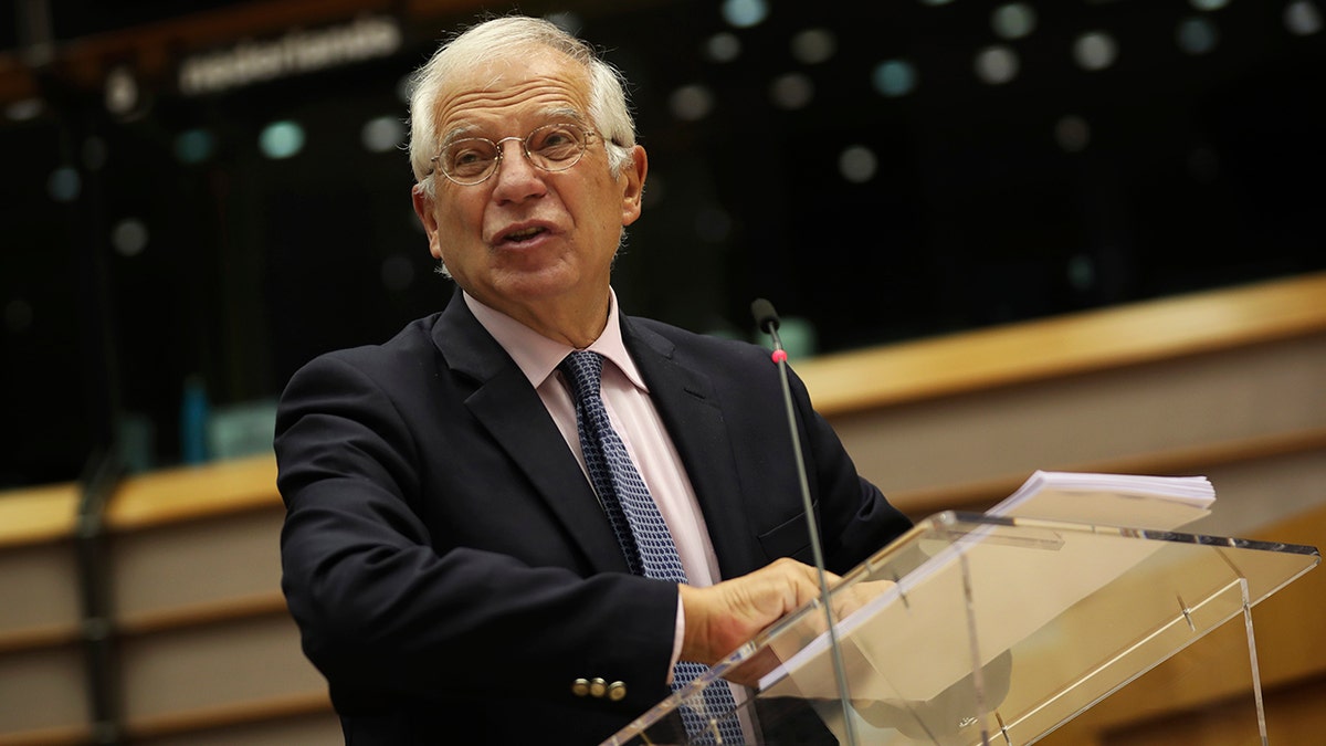 European Union foreign policy chief Josep Borrell addresses European lawmakers during a debate about the escalation of tensions between Greece and Turkey in the eastern Mediterranean, at the European Parliament in Brussels, Tuesday, Sept. 15, 2020. The dispute between the two nations over potential oil and gas reserves has triggered a military build-up in the eastern Mediterranean. (AP Photo/Francisco Seco, Pool)
