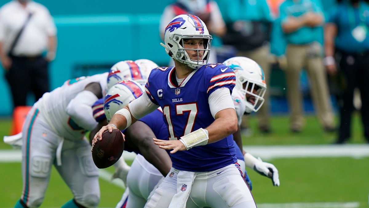 Buffalo Bills quarterback Josh Allen (17) looks to pass, during the second half of an NFL football game against the Miami Dolphins, Sunday, Sept. 20, 2020, in Miami Gardens, Fla. (AP Photo/Lynne Sladky)