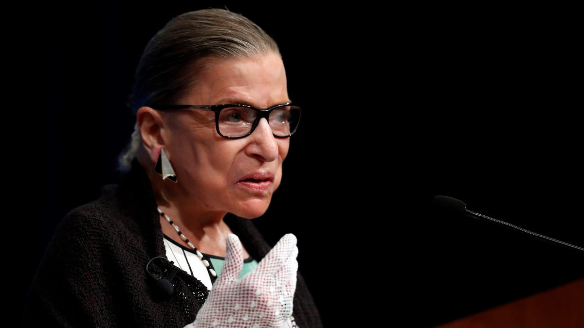 FILE - This Sept. 20, 2017, file photo shows Supreme Court Justice Ruth Bader Ginsburg speaking at the Georgetown University Law Center