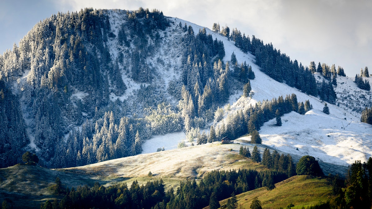 Fresh snow is visible on the slopes of the Moleson mountain near the still green pastures, on Saturday, 26 September 2020, at Moleson in Gruyere, Switzerland.