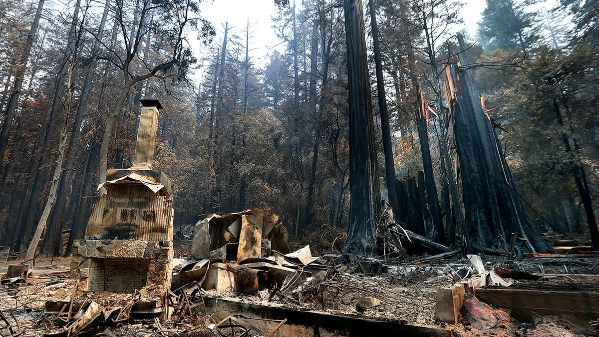 The fireplace of the Nature Lodge Museum and Store at Big Basin Redwoods State Park stands among the devastation Friday, Aug. 28, 2020, in Boulder Creek, Calif., wrought by the CZU August Lightning Complex, which destroyed nearly all buildings and burned thousands of trees at the park.