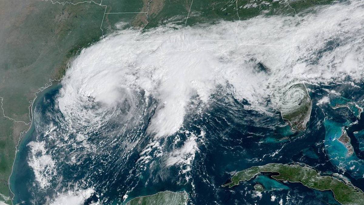 Tropical Storm Beta swirls over the Gulf of Mexico off the coast of Texas and Louisiana on Sept. 20, 2020.