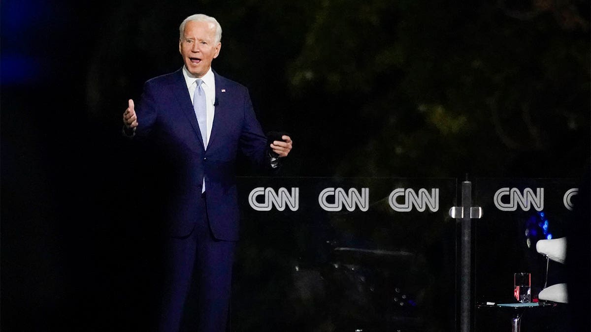 Democratic presidential candidate former Vice President Joe Biden participates in a CNN town hall moderated by Anderson Cooper in Moosic, Pa., Thursday, Sept. 17, 2020. (AP Photo/Carolyn Kaster)