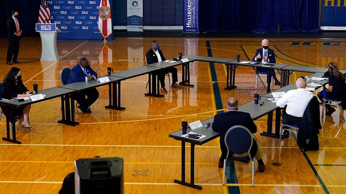 Democratic presidential candidate former Vice President Joe Biden speaks during a roundtable discussion with veterans, Tuesday, Sept. 15, 2020, at Hillsborough Community College in Tampa, Fla. (AP Photo/Patrick Semansky)