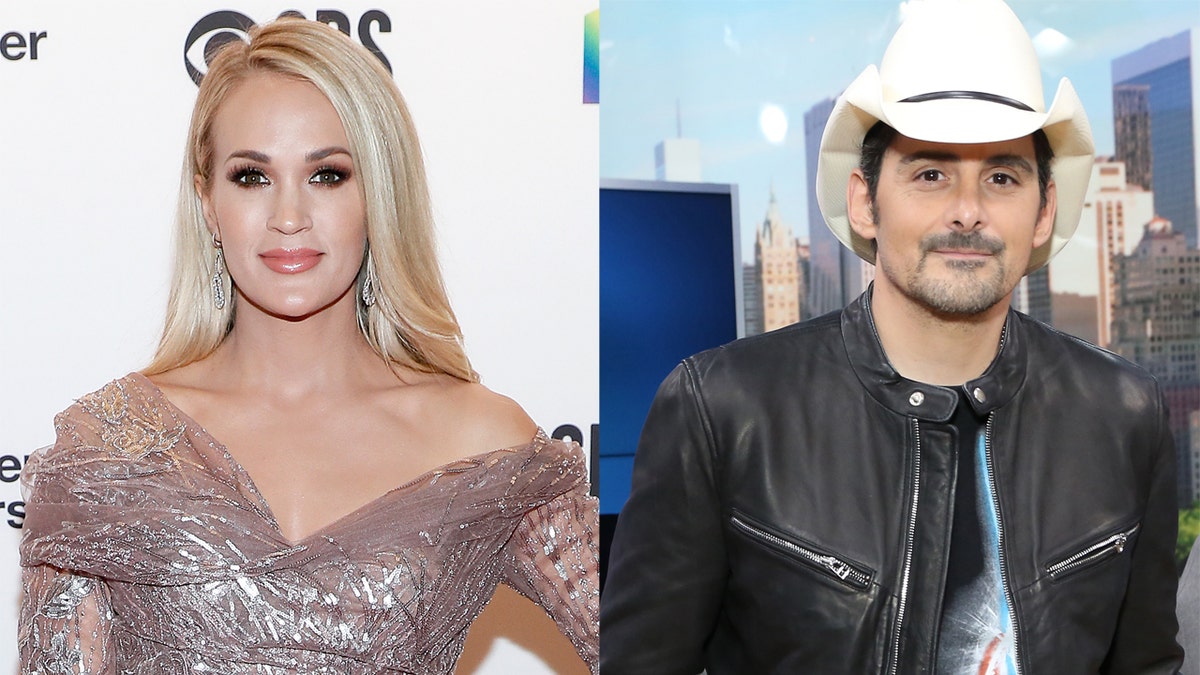 Country stars Carrie Underwood (left) and Brad Paisley performed together -- socially distanced -- at the Grand Ole Opry.