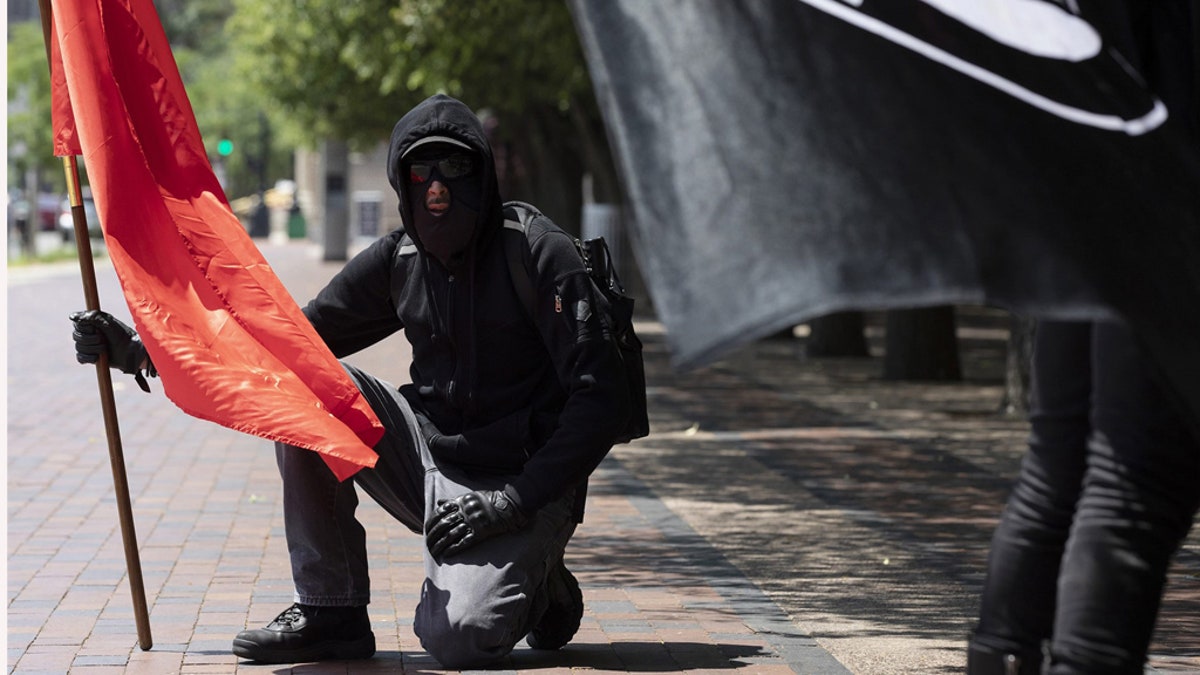 Anti-fascist protesters hold flags on the Christian Science Plaza, Saturday, July 11, 2020, in Boston. (AP Photo/Michael Dwyer)