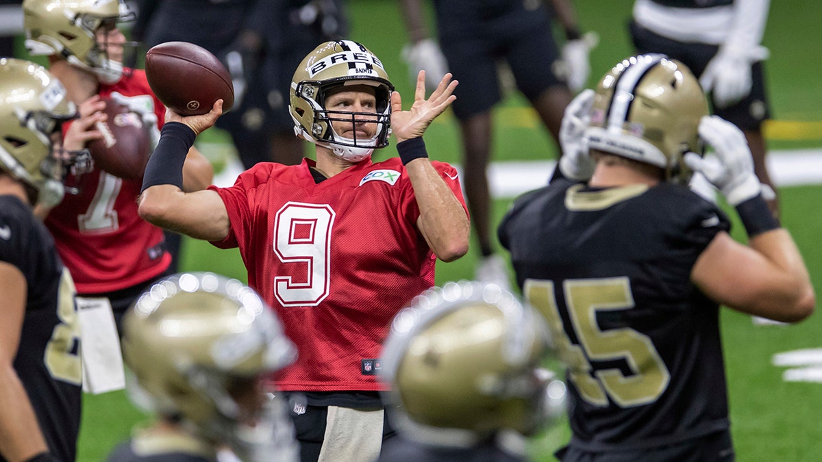 Drew Brees at a training camp practice