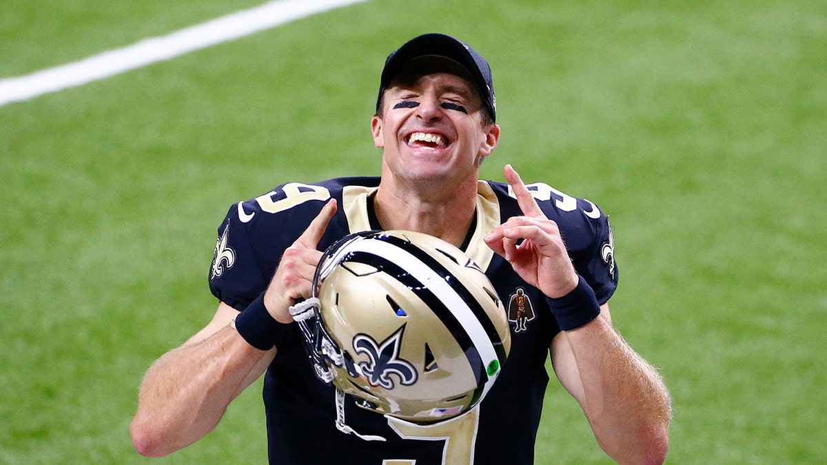 New Orleans Saints quarterback Drew Brees (9) reacts after an NFL football game against the Tampa Bay Buccaneers in New Orleans, Sunday, Sept. 13, 2020. The Saints won 34-23. (AP Photo/Butch Dill)