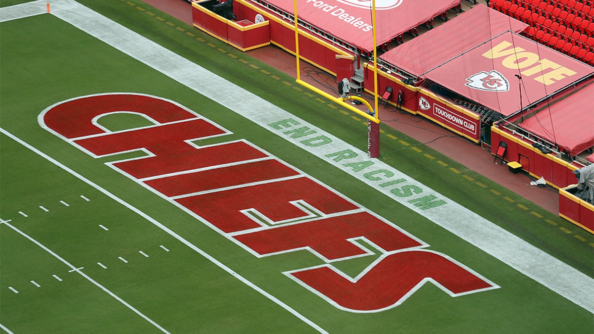 A detail of a saying "End Racism" is seen painted in the end zone on one side of the stadium prior to the game between the Houston Texans and the Kansas City Chiefs at Arrowhead Stadium on September 10, 2020 in Kansas City, Missouri. (Photo by Jamie Squire/Getty Images)