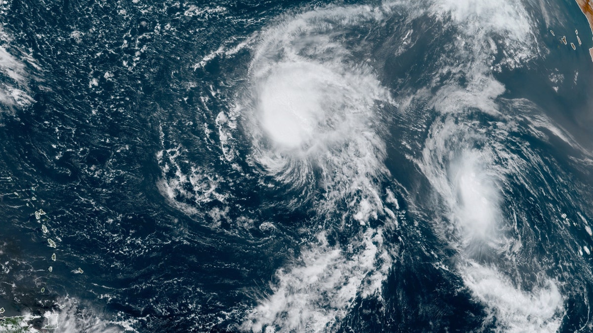 Tropical Storms Paulette (left) and Rene (right) are seen over the Atlantic on Sept. 9, 2020.