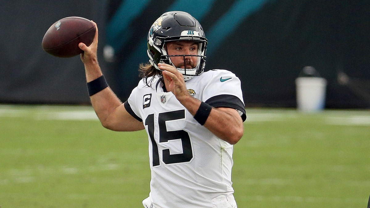 Jacksonville Jaguars quarterback Gardner Minshew (15) throws a pass against the Indianapolis Colts during the first half of an NFL football game, Sunday, Sept. 13, 2020, in Jacksonville, Fla. (AP Photo/Stephen B. Morton)