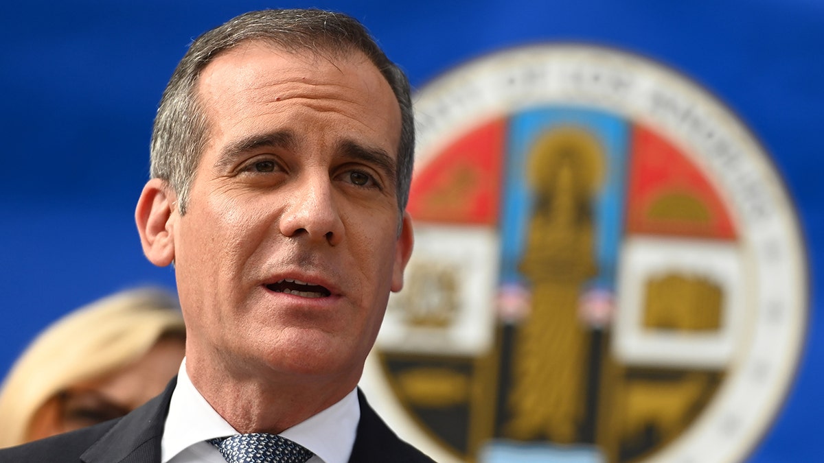 Los Angeles Mayor Eric Garcetti speaks at a Los Angeles County Health Department press conference on the novel coronavirus on March 4, 2020, in Los Angeles, California. (Photo by Robyn Beck / AFP) (Photo by ROBYN BECK/AFP via Getty Images)