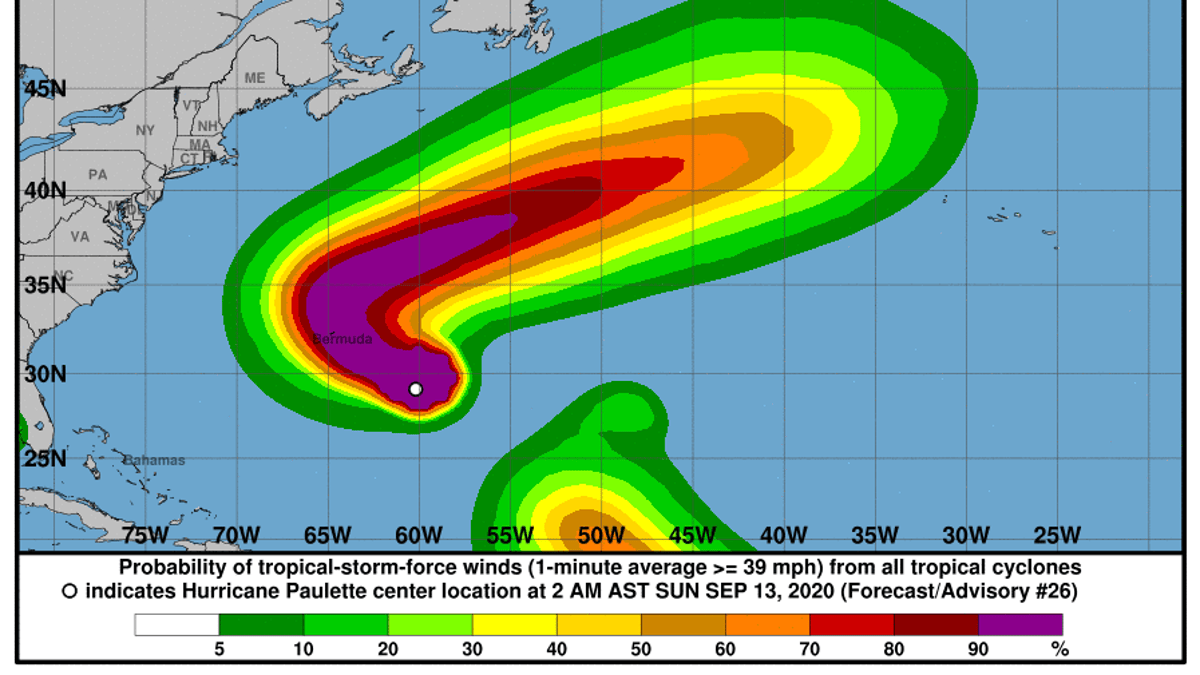 NOAA/National Weather Service graphic showing the probability of tropical storm-force winds associated with Hurricane Paulette.