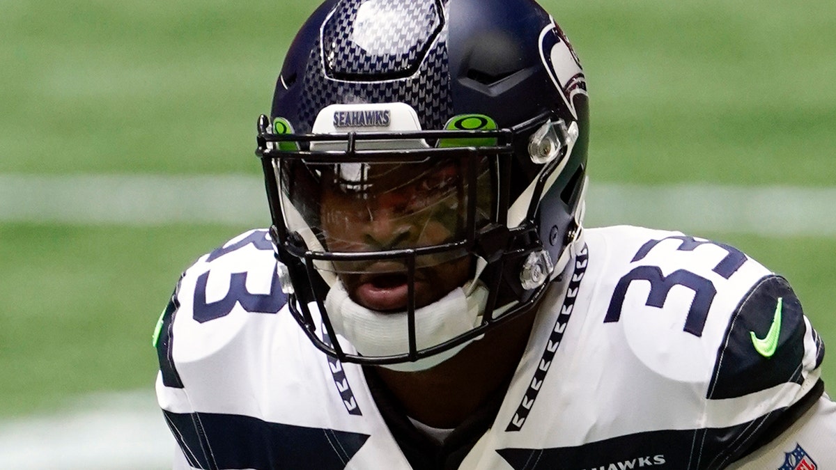 Seattle Seahawks strong safety Jamal Adams (33) works against the Atlanta Falcons during the first half Sept. 13, 2020, in Atlanta.