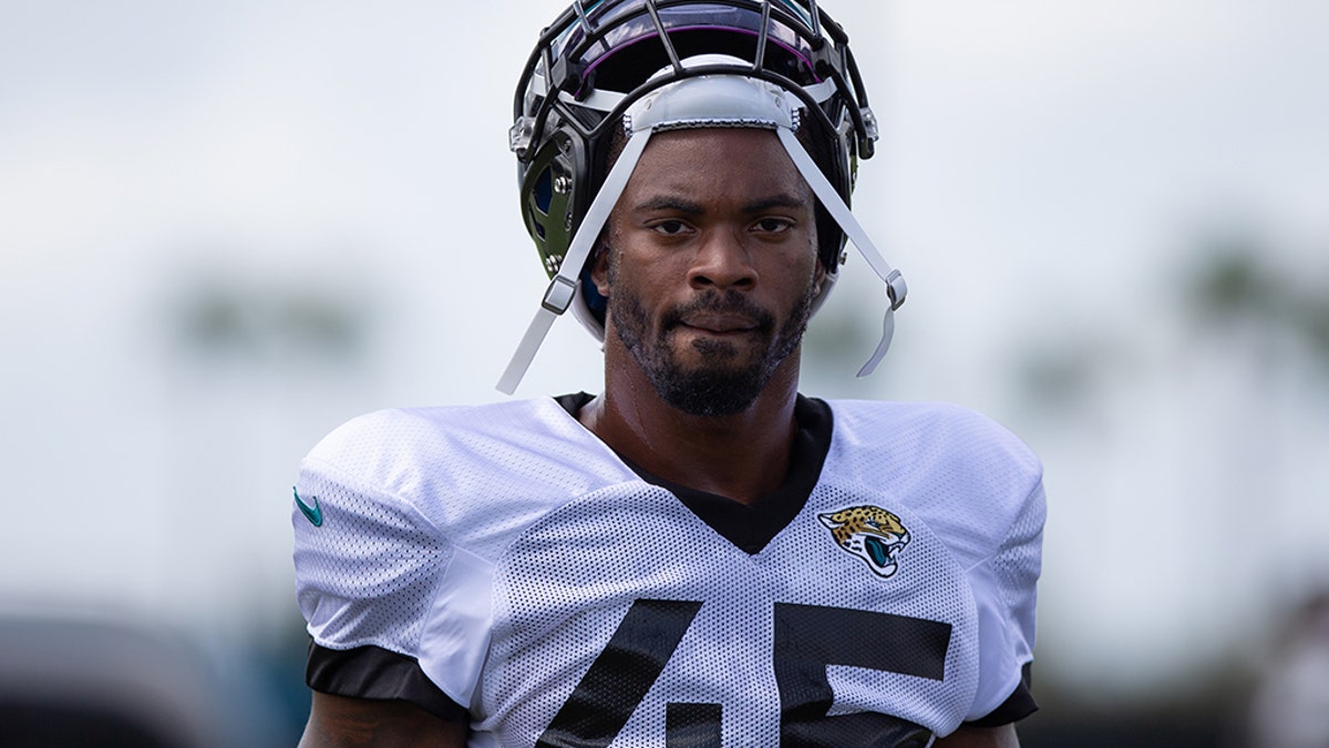 Jacksonville Jaguars defensive lineman K'Lavon Chaisson (45) during training camp on Aug. 27, 2020, at the DreamFinders Homes Practice Complex in Jacksonville, Fla. (David Rosenblum/Icon Sportswire via Getty Images)