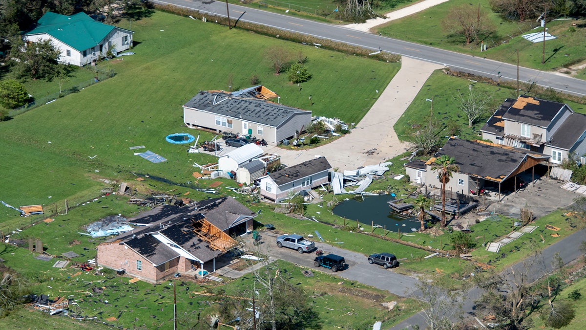 Buildings show damage after the passage of Hurricane Laura, Thursday, Aug. 27, 2020, in Lake Charles, La.