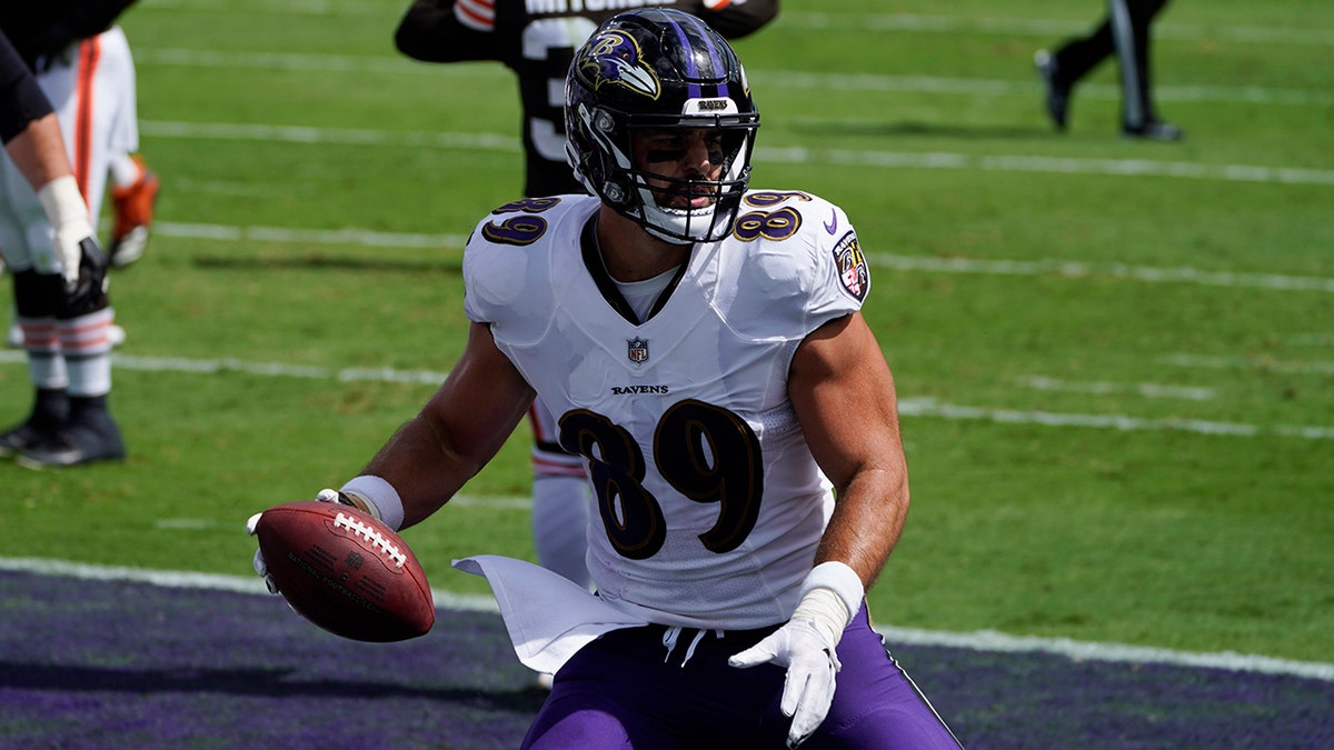 AFC tight end Mark Andrews, of the Baltimore Ravens, (89) scores a  touchdown, during the first …