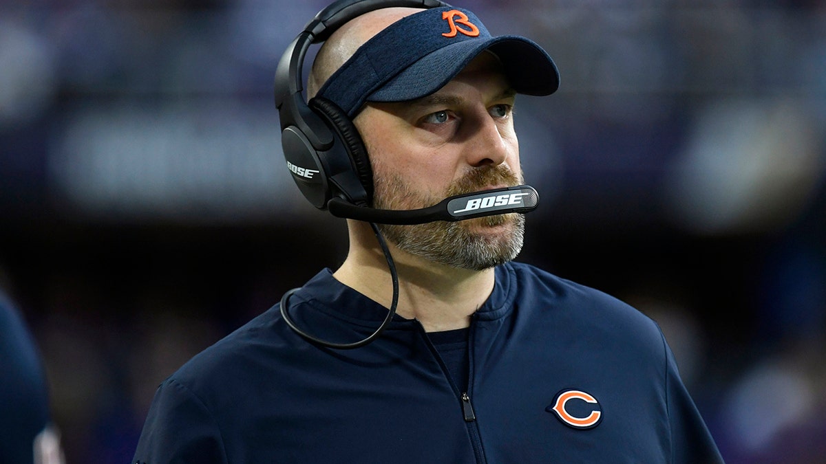 FILE - In this Dec. 29, 2019, file photo, Chicago Bears head coach Matt Nagy watches from the sideline during the first half of an NFL football game against the Minnesota Vikings in Minneapolis. The Bears failed to follow up successfully on Nagy’s debut season in which he led the franchise to 12 wins and the NFC North title. (AP Photo/Craig Lassig, File)