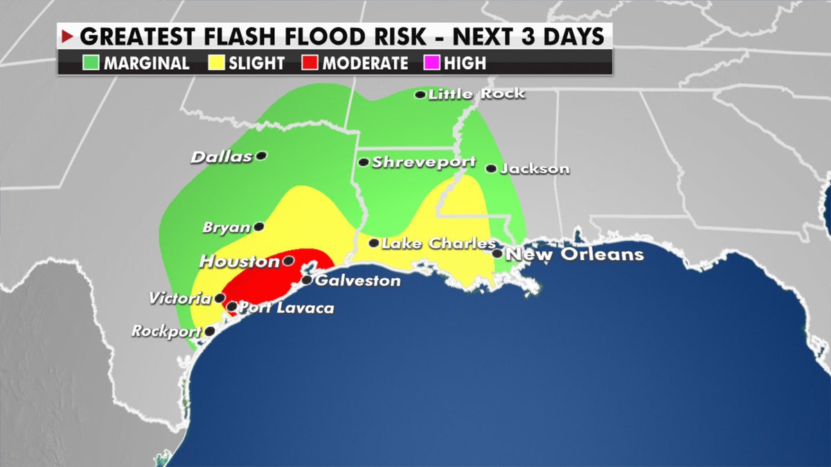 The greatest flash flood risks over the next three days from Tropical Storm Beta.