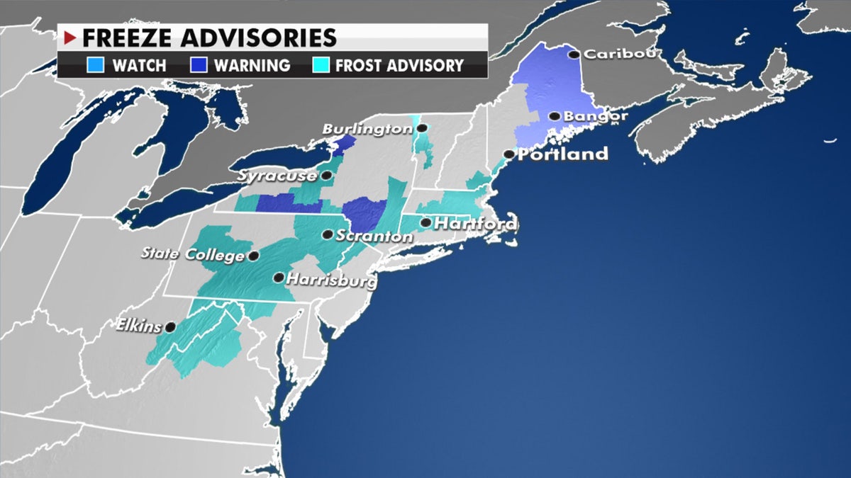 A brisk air mass has resulted in frost and freeze advisories across the Northeast.