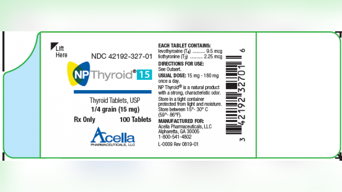 Acella Pharmaceuticals is recalling two lots of NP Thyroid, which “may have as low as 87% of the labeled amount of levothyroxine,” or less than the required amount. (Photo courtesy of the FDA)