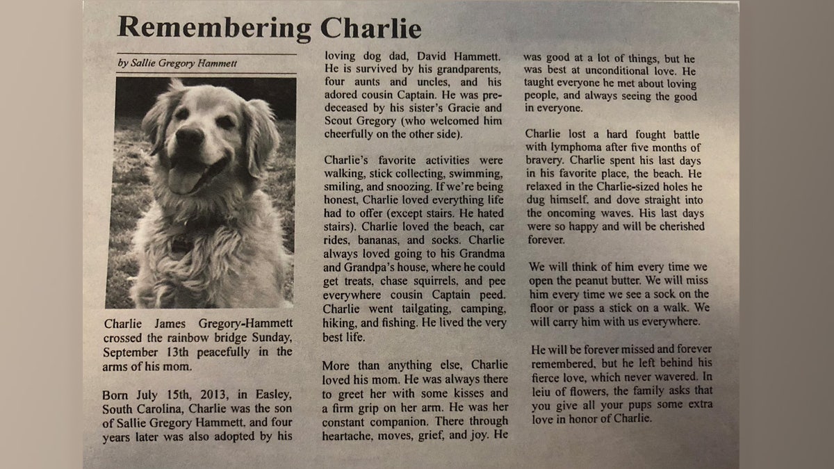 A South Carolina woman has eulogized her late, great golden Retriever in a moving obituary that is melting hearts on social media.