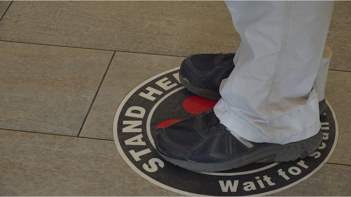 A social distancing marker on the campus of Alabama State University.
