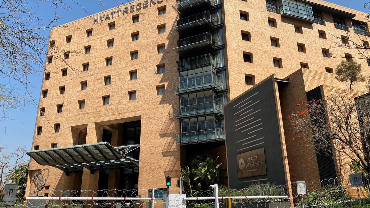 Barbed wire sealing off the Hyatt Regency hotel in Johannesburg.