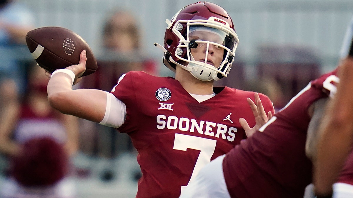 Oklahoma quarterback Spencer Rattler throws during the first half of the team's NCAA college football game against Missouri State in Norman, Okla. Rattler passed for 290 yards and four touchdowns in his first career start as Oklahoma defeated Missouri State. Oklahoma faces Kansas State this week. (AP Photo/Sue Ogrocki, Pool, File)